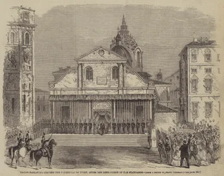 Victor Emmanuel verlässt die Kathedrale von Turin nach der Segnung der Standarten